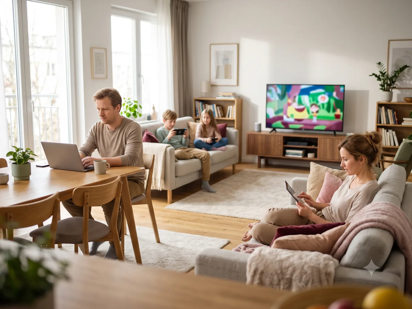Domownicy korzystający jednocześnie z internetu na laptopie, konsoli, tablecie i smart TV