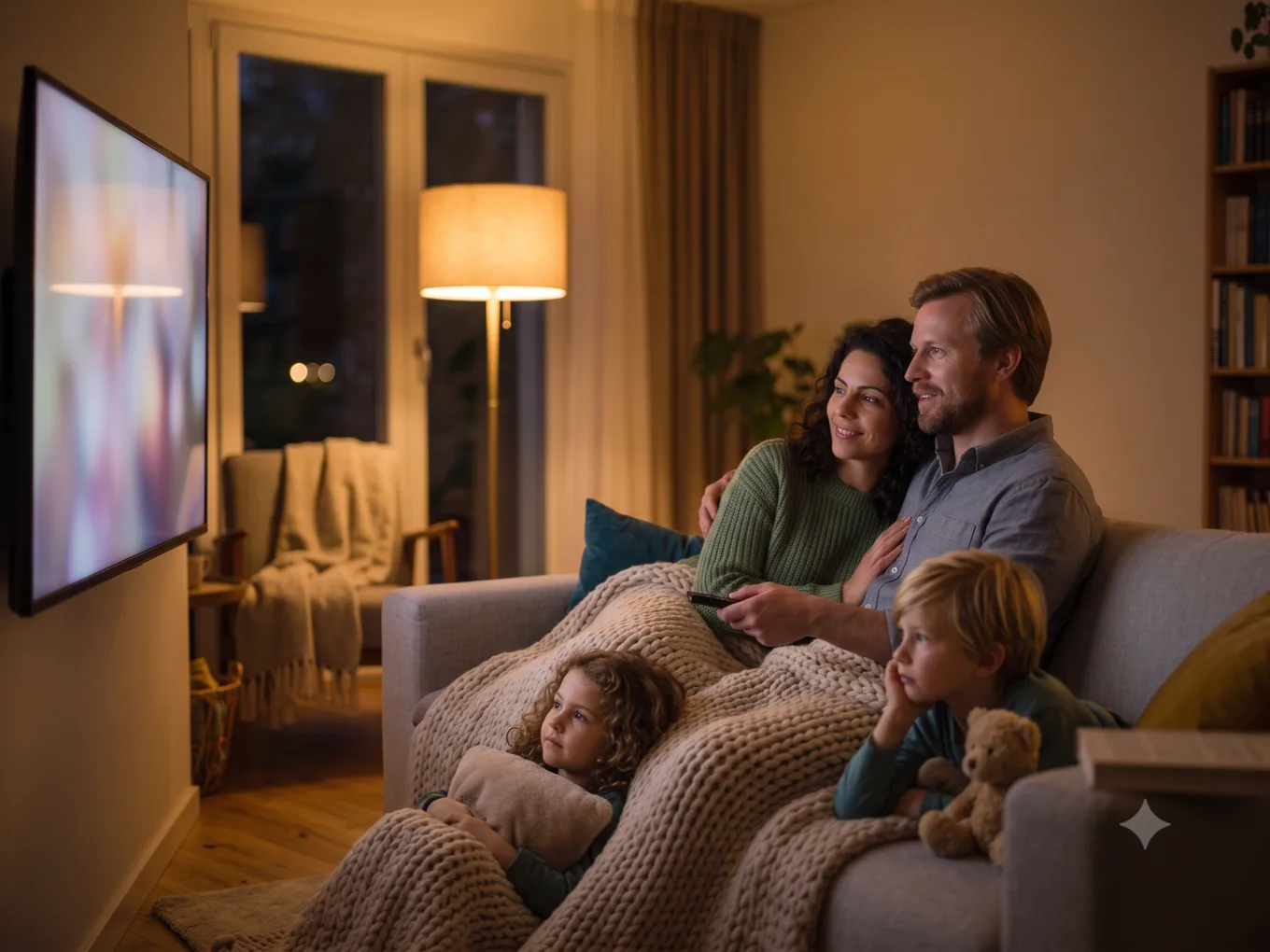 Rodzina oglądająca telewizję razem w salonie, przytulne wieczorne oświetlenie